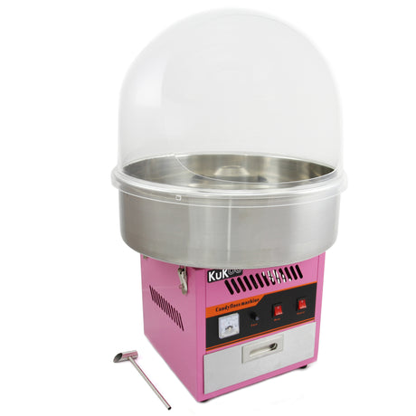 Roze suikerspinmachine met een glanzende roestvrijstalen kom en een doorzichtige kap, ideaal voor feesten en evenementen