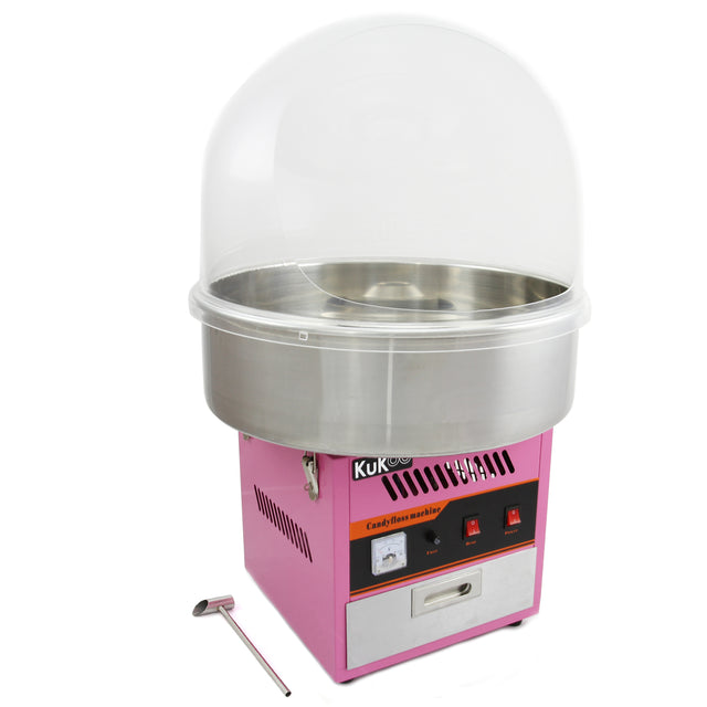 Roze suikerspinmachine met een glanzende roestvrijstalen kom en een doorzichtige kap, ideaal voor feesten en evenementen