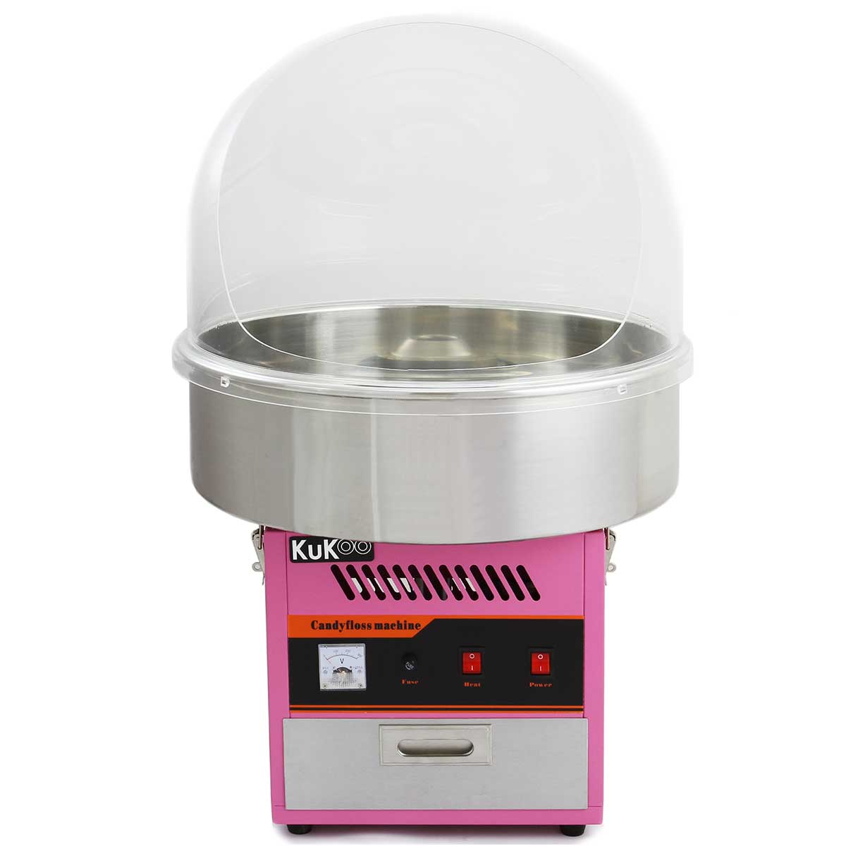 Roze suikerspinmachine met een glanzende roestvrijstalen kom en een doorzichtige beschermkap, ideaal voor feesten en evenementen