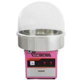Roze suikerspinmachine met een glanzende roestvrijstalen kom en een doorzichtige beschermkap, ideaal voor feesten en evenementen