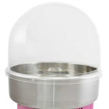 Roze suikerspinmachine met een glanzende roestvrijstalen kom en een heldere kunststof kap voor optimale zichtbaarheid en gebruiksgemak