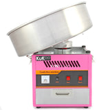 Roze KuKoo suikerspinmachine met een glanzende metalen kom, knoppen voor aan/uit en temperatuur, ideaal voor feestjes en evenementen