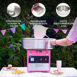 Roze suikerspinmachine met een grote roestvrijstalen kom, ideaal voor feesten, met ingebouwde opbergruimte en kleurrijke decoraties