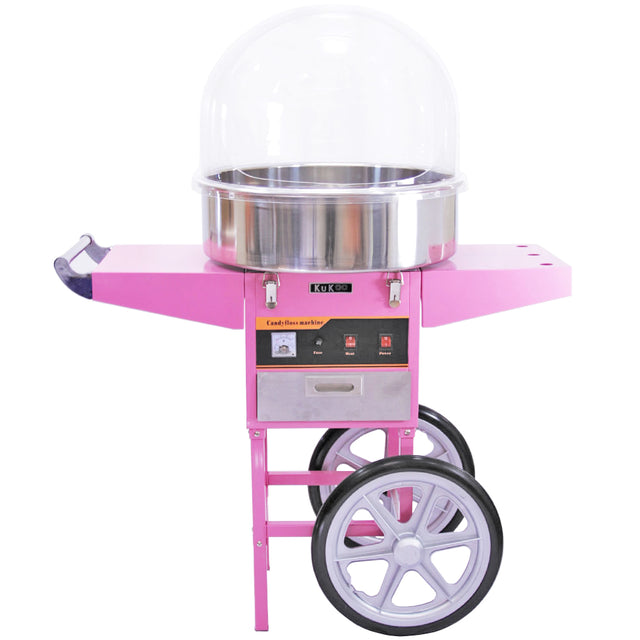 Roze suikerspinmachine met een glanzende metalen kom en wielen, ideaal voor feesten en evenementen, met gebruiksvriendelijke bediening