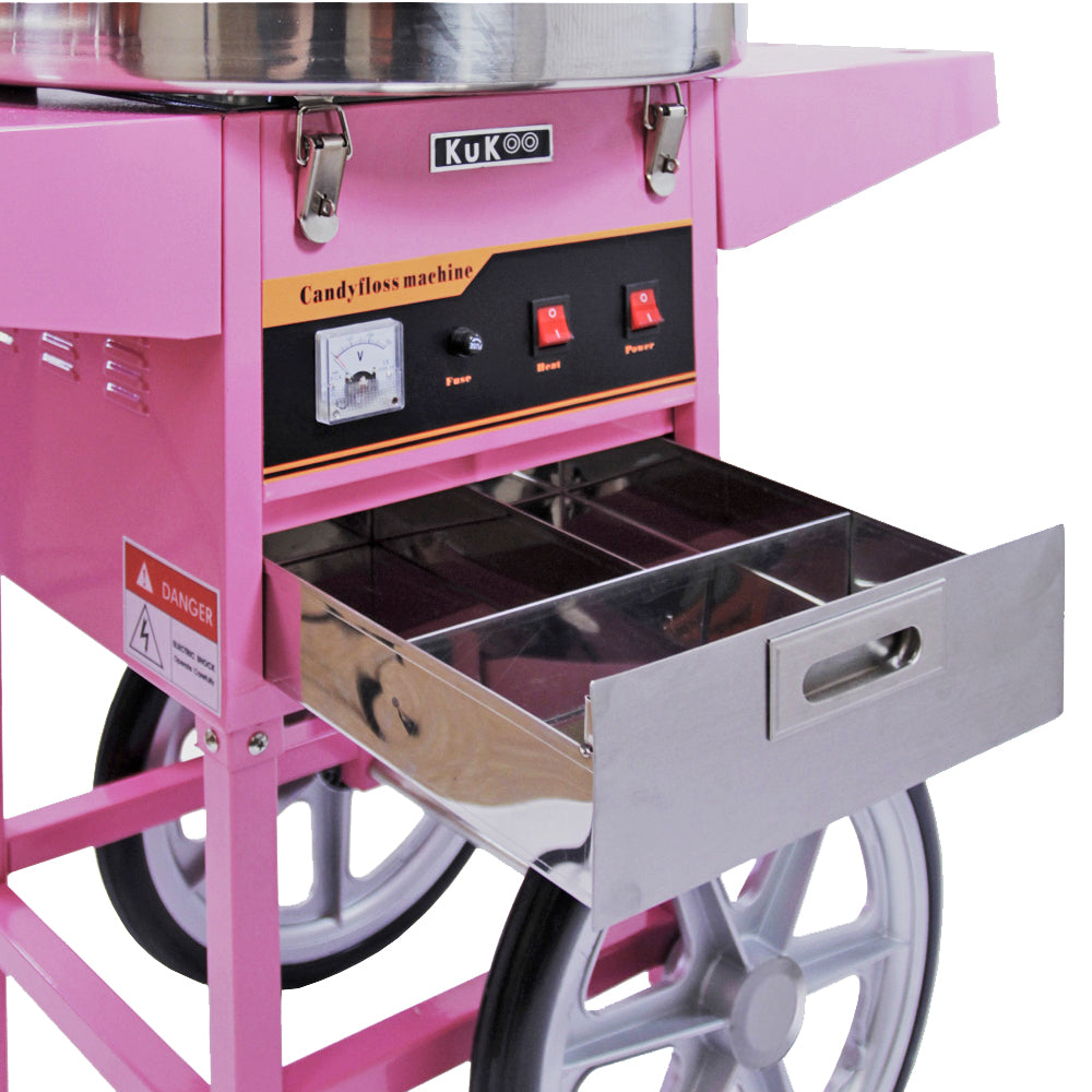 Roze suikerspinmachine met metalen lade, knoppen voor aan/uit en temperatuur, en een analoge meter voor nauwkeurige bediening