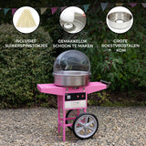 Roze suikerspinmachine met een grote roestvrijstalen kom, wielen voor mobiliteit en een eenvoudig schoonmaakontwerp, ideaal voor feesten