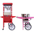 Rode popcornmachine met glazen venster en roze suikerspinmachine op wielen, beide met moderne bedieningselementen en metalen afwerking