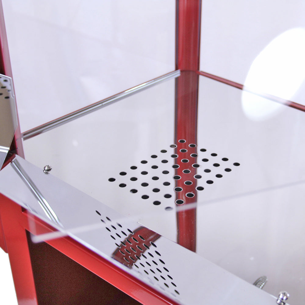 Glanzende, rode vitrine met een glazen bovenkant en een geperforeerde metalen bodem voor ventilatie en presentatie van producten
