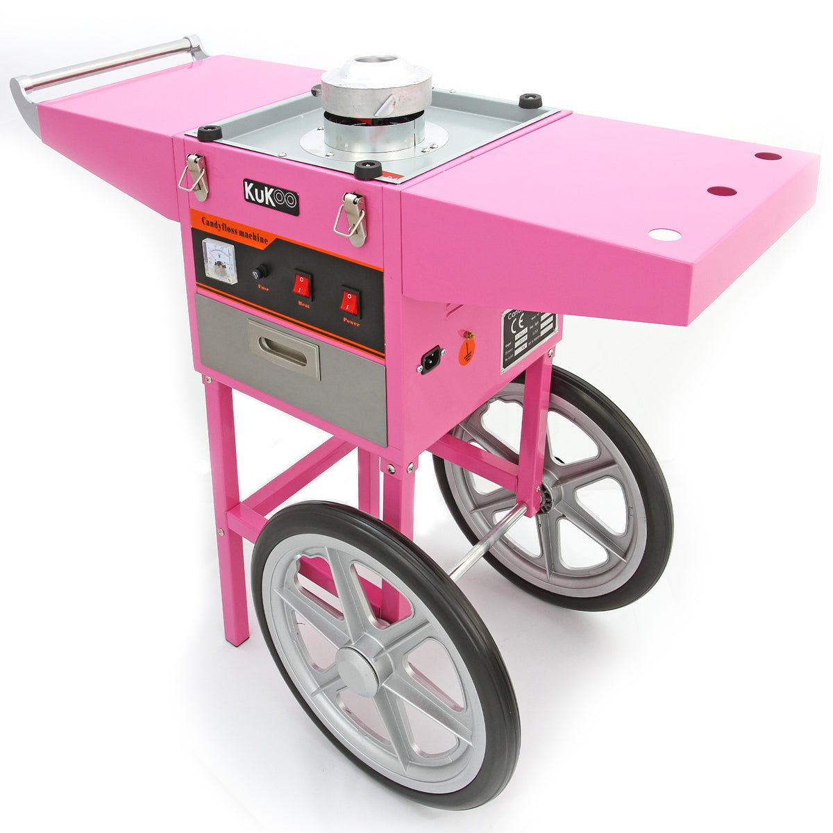 Roze suikerspinmachine met metalen wielen, een glanzend oppervlak en een gebruiksvriendelijke bediening voor feesten en evenementen