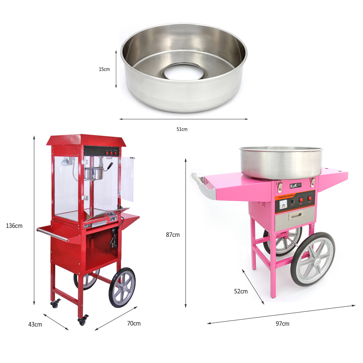 Roze suikerspinmachine met een glanzende, metalen kom, wielen en een heldere, rode behuizing, ideaal voor evenementen en feesten