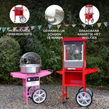 Roze suikerspinmachine en rode popcornmachine op wielen, met glazen deksel en ingebouwde opbergruimte, kleurrijke achtergronddecoratie