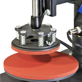 Bordpers met een zwarte metalen basis, voorzien van een rode rubberen drukplaat en veermechanisme voor optimale drukinstelling