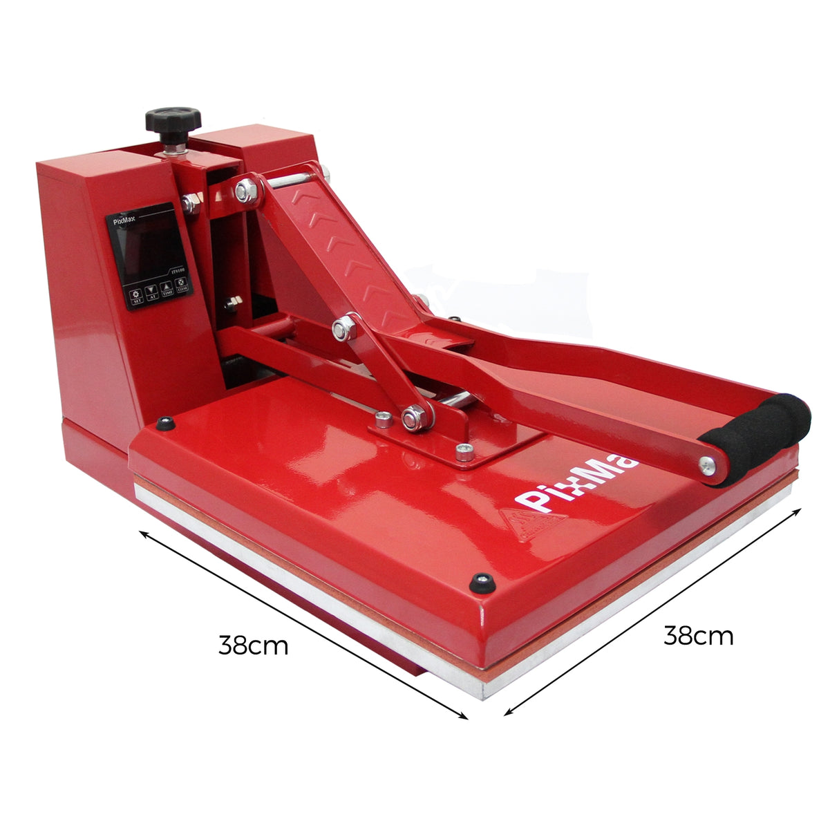 Rode 38 cm clam pers met een stevige handgreep en digitale temperatuurregeling, ideaal voor het bedrukken van textiel en materialen