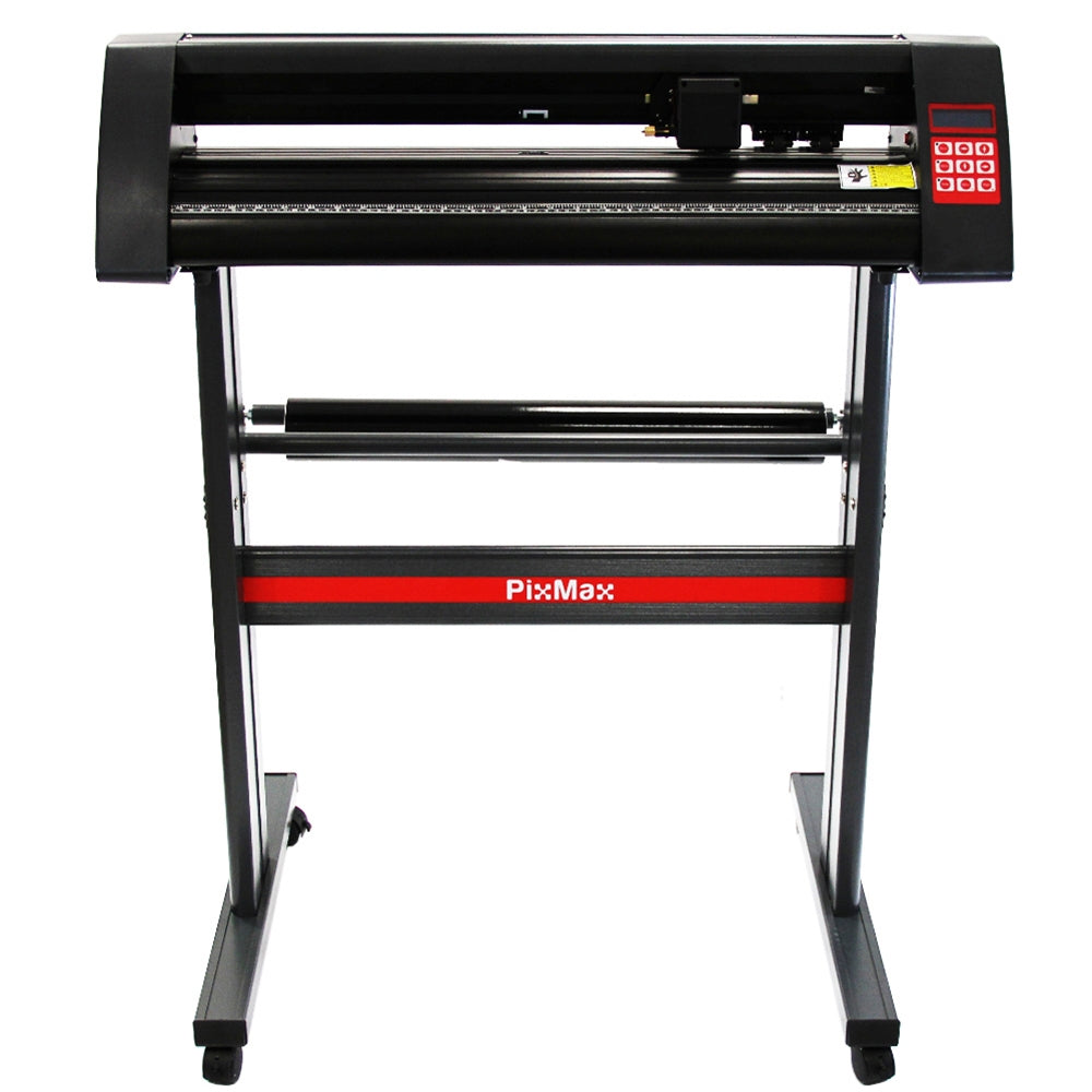 Zwarte vinylsnijder met een robuuste metalen structuur, digitale bediening en een opvallende rode PixMax-streep aan de voorkant