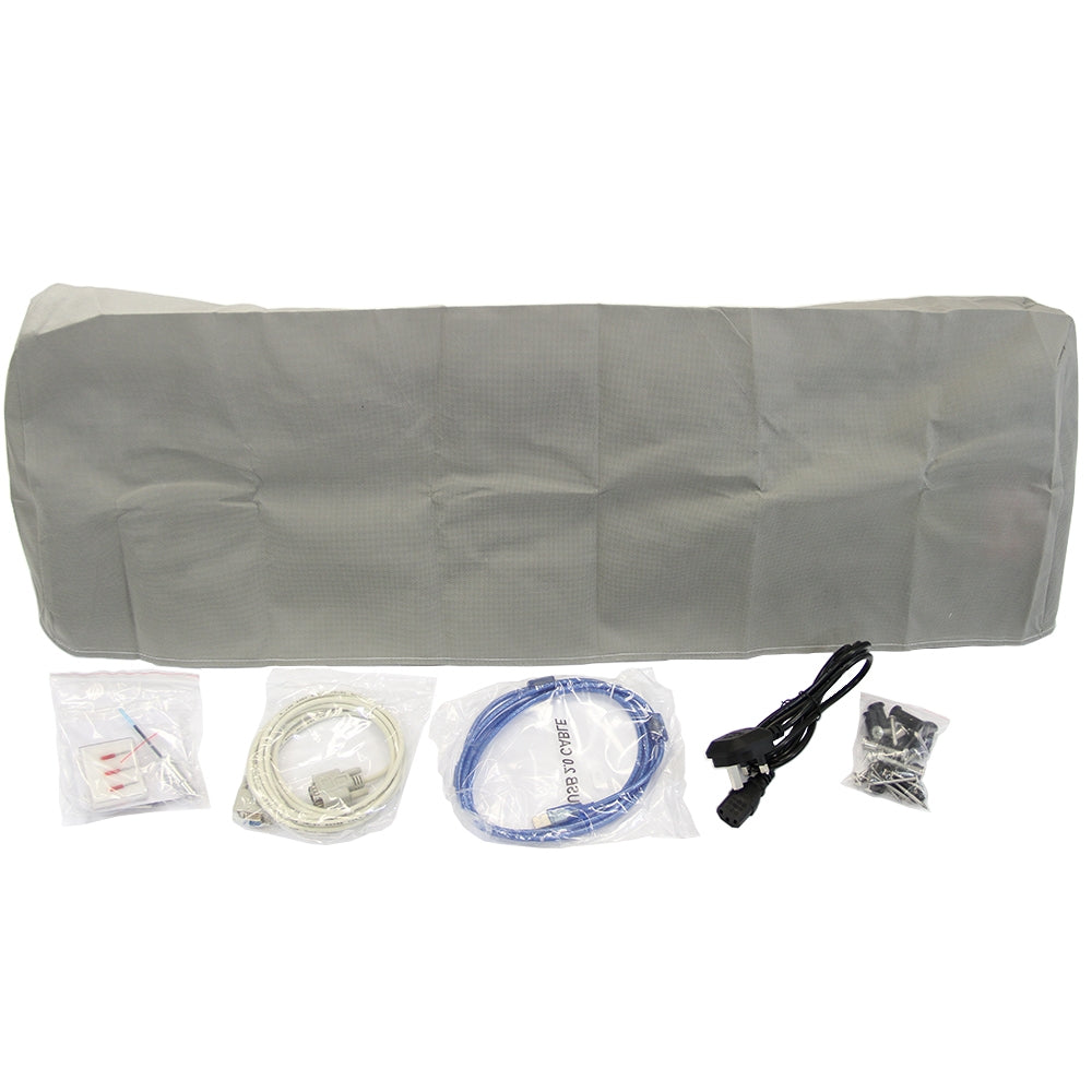 Grijze 38 cm clam pers met accessoires, waaronder kabels en een voedingsadapter, perfect voor vinylsnijden en printen