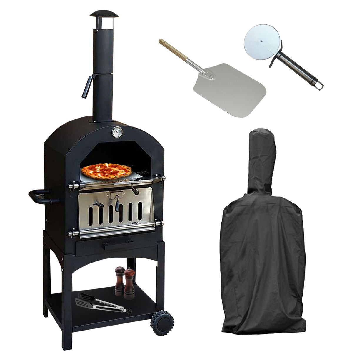 Zwarte KuKoo buiten pizzaoven met een pizza erin, inclusief een hoes, pizzaschep en accessoires op een witte achtergrond