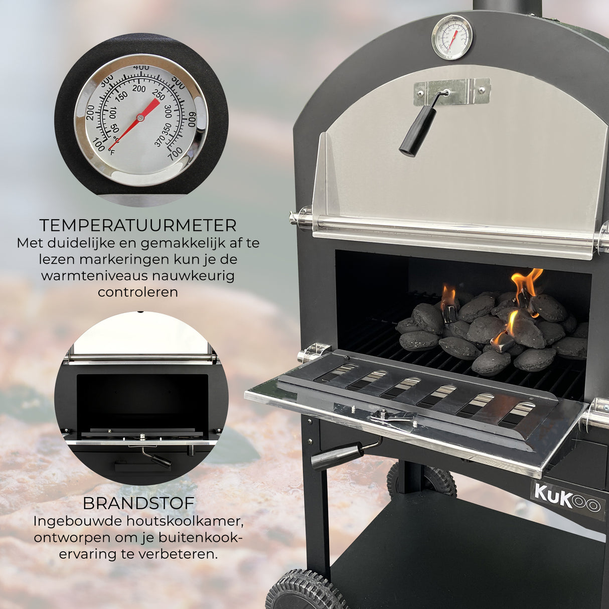 Zwarte KuKoo buiten pizzaoven met een metalen deur, temperatuurmeter en een vuurkamer vol houtskool voor optimale warmtebeheersing