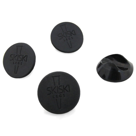 Zwarte vloerbeschermers voor hairpin tafelpoten van 10 mm, gemaakt van stevig rubber met een gladde textuur en logo