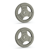 Twee gietijzeren halterschijven van 10 kg met tri-grip handvatten, grijze kleur, stevige textuur en een standaard 1” opening