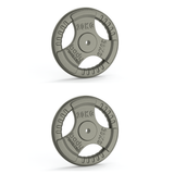 Twee gietijzeren halterschijven van 20 kg met tri-grip handvatten, grijs met een matte afwerking en duidelijke gewichtsaanduiding