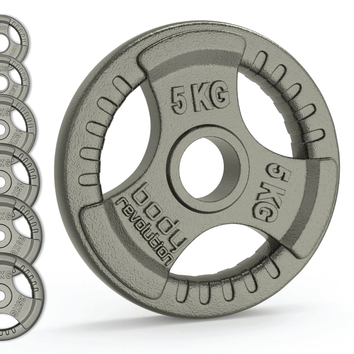 Gietijzeren gewichtsschijven van 5 kg met tri-grip handvatten, glanzend grijs, ideaal voor krachttraining en fitnessoefeningen