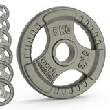 Gietijzeren gewichtsschijven van 5 kg met tri-grip handvatten, glanzend grijs, ideaal voor krachttraining en fitnessoefeningen