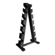 Zwart, stevig dumbbellrek met zes lagen, ontworpen voor optimale opslag van dumbbells, met een stabiele basis en antislipvoetjes