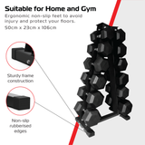 Zwart 6-laags dumbbellrek met rubberen randen, stevig frame en ergonomische voetjes, ideaal voor thuis en sportschool