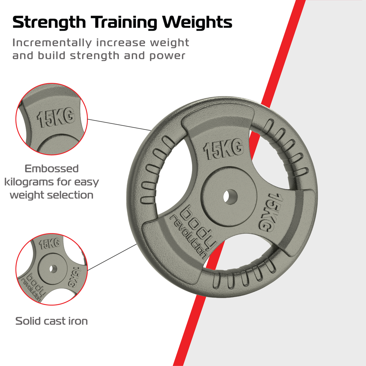 Gietijzeren gewichtsschijven van 15 kg met tri-grip handvatten, grijze kleur, geschikt voor krachttraining en gewichtsselectie