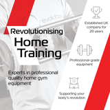 Zwart en rood ontwerp met een halter, benadrukt professionele fitnessapparatuur voor thuistraining en lichaamsondersteuning