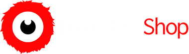 Rood logo met een zwart oog in het midden en de tekst 'Shop' in een moderne, strakke typografie rechts ervan