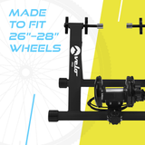 Magnetische fietstrainer Velo Pro in wit, geschikt voor 26-28 inch wielen, met stevige zwarte basis en verstelbare steunen