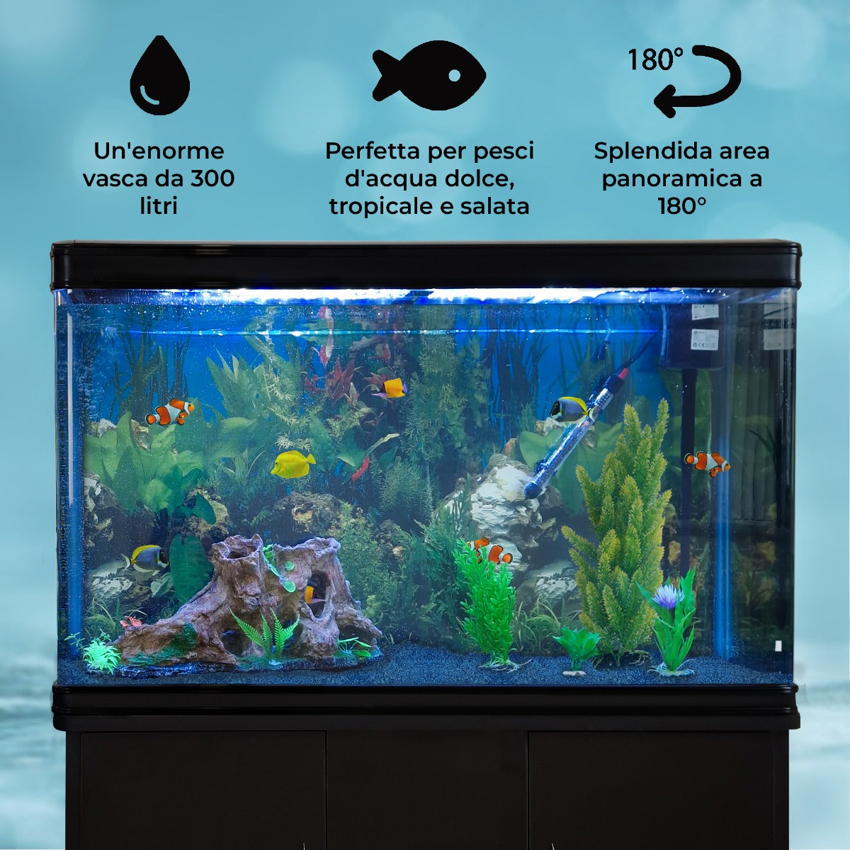 Aquarium 300 L Zwart + Meubel - Starterset - blauw grind