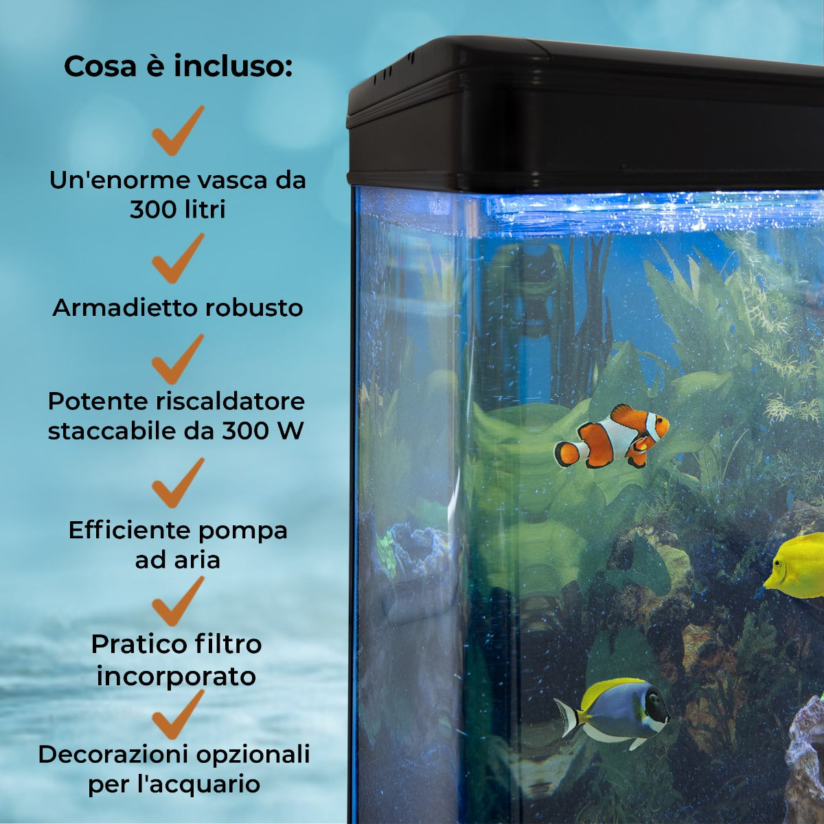 Aquarium 300 L Zwart + Meubel - Starterset - blauw grind
