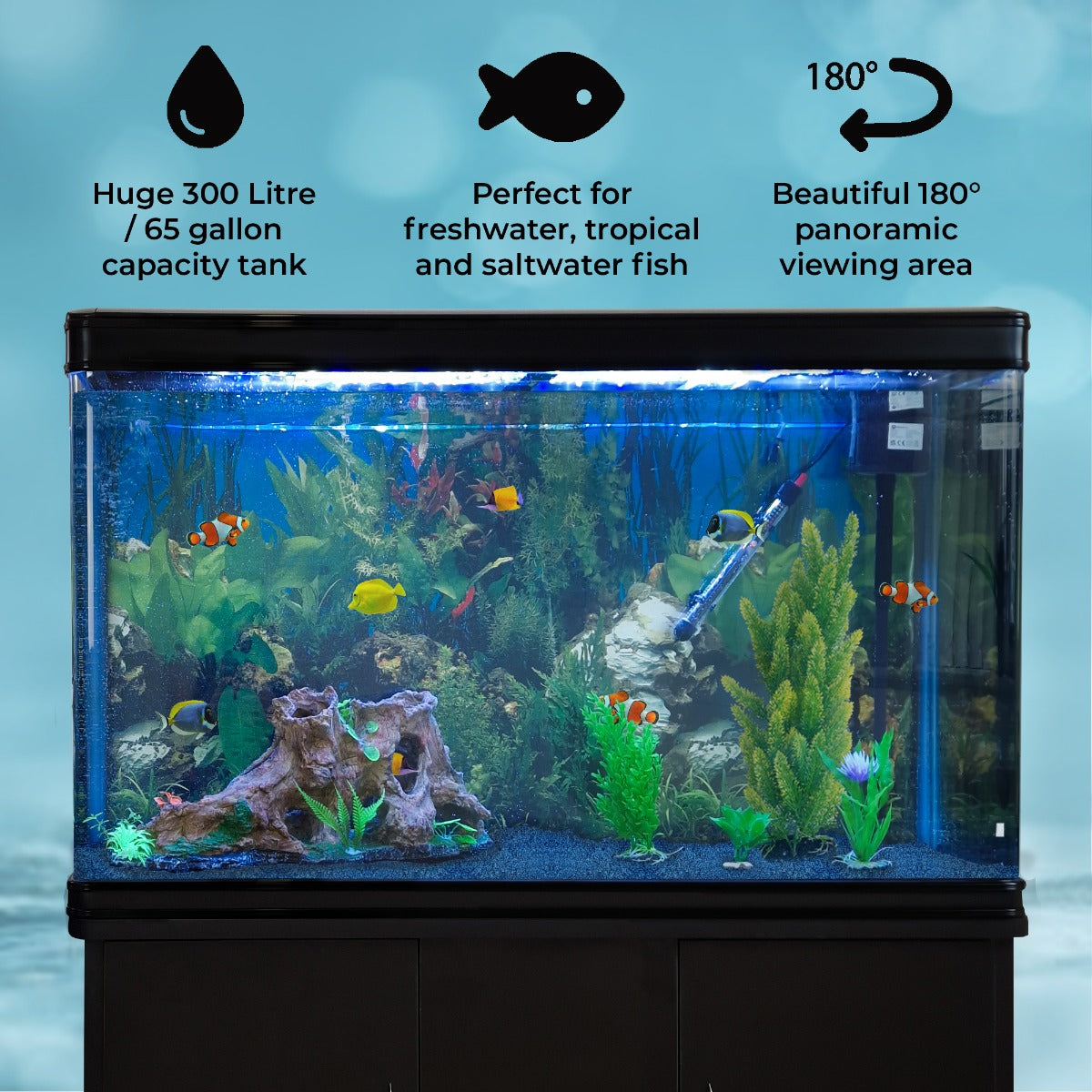 Aquarium 300 L Zwart + Meubel - Starterset - blauw grind