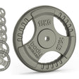 Gietijzeren gewichtsschijven van 15 kg met tri-grip handvatten, grijze kleur, robuuste textuur en duidelijke gewichtsaanduiding