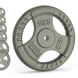 Gietijzeren gewichtsschijven van 15 kg met tri-grip handvatten, grijze kleur, robuuste textuur en duidelijke gewichtsaanduiding