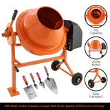 Oranje 70L elektrische cementmixer met troffelset, stevige constructie, wielen voor mobiliteit, krachtige 250W motor voor snel mengen