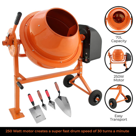 Oranje 70L elektrische cementmixer met troffelset, stevige constructie, wielen voor mobiliteit, krachtige 250W motor voor snel mengen