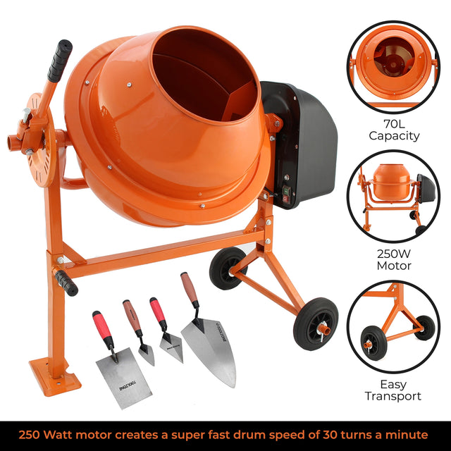 Oranje 70L elektrische cementmixer met troffelset, stevige constructie, wielen voor mobiliteit, krachtige 250W motor voor snel mengen