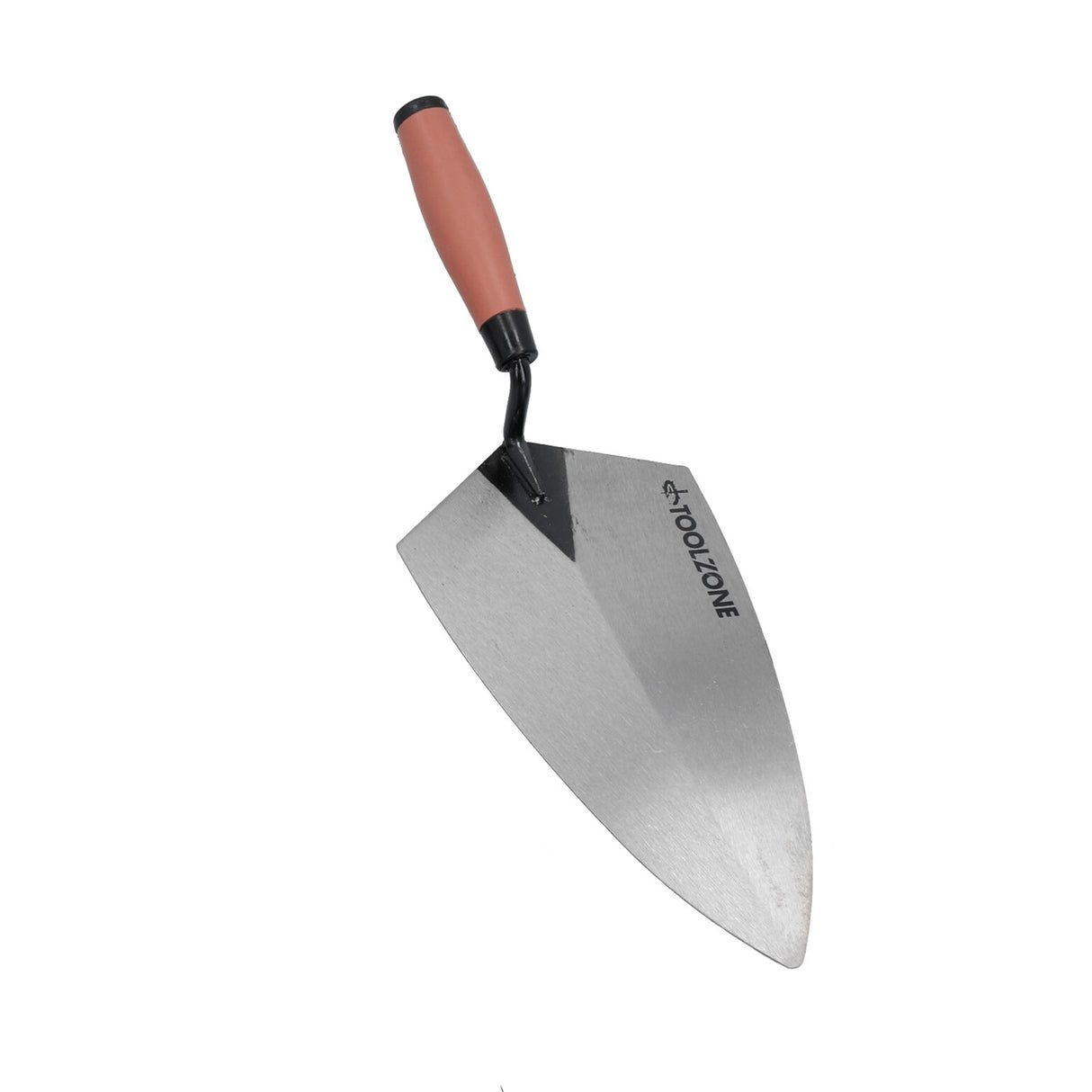Roestvrijstalen troffel met een ergonomische, roze handgreep, ideaal voor het aanbrengen en gladstrijken van cement