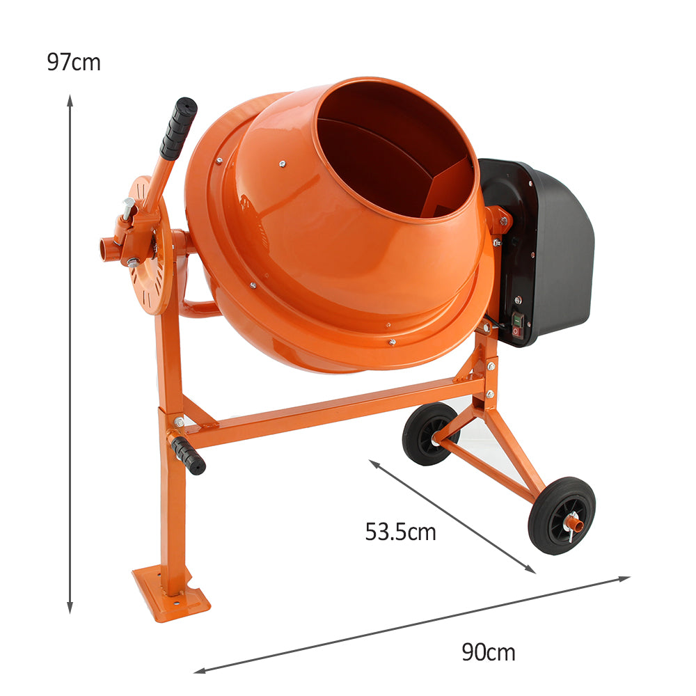Oranje 70L elektrische cementmixer met stevige metalen constructie, wielen voor mobiliteit en een troffelset voor gebruiksgemak