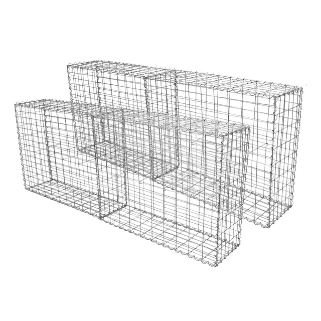Set van 4 schanskorven in verzinkt staal, met een afmeting van 100x30x80 cm, ideaal voor tuin- en landschapsarchitectuur