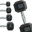 Zwarte hex haltergewichten van Body Revolution, variërend van 5 kg tot 30 kg, met een stevige grip en octagonale vorm