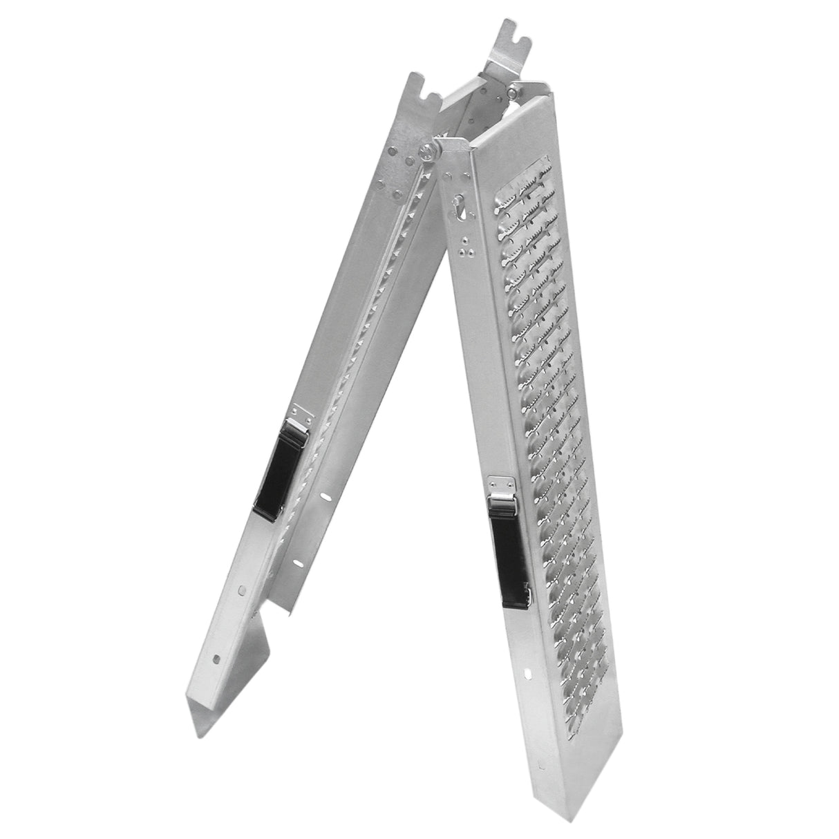 Opvouwbare motor oprijplaten van lichtgewicht aluminium, met een geperforeerde structuur voor grip en stabiliteit, ideaal voor motoren