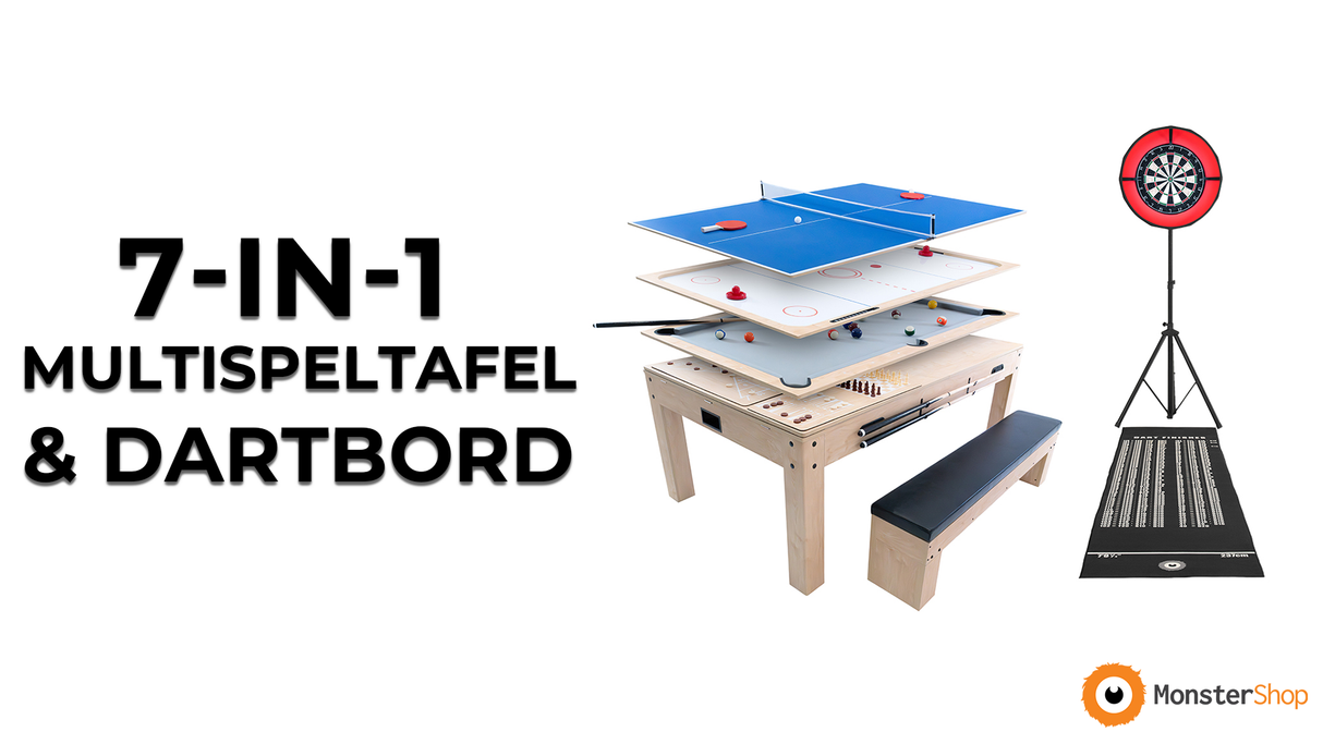 7-in-1 Multispeltafel, Darts Set & LED-Ringlicht - Grijs